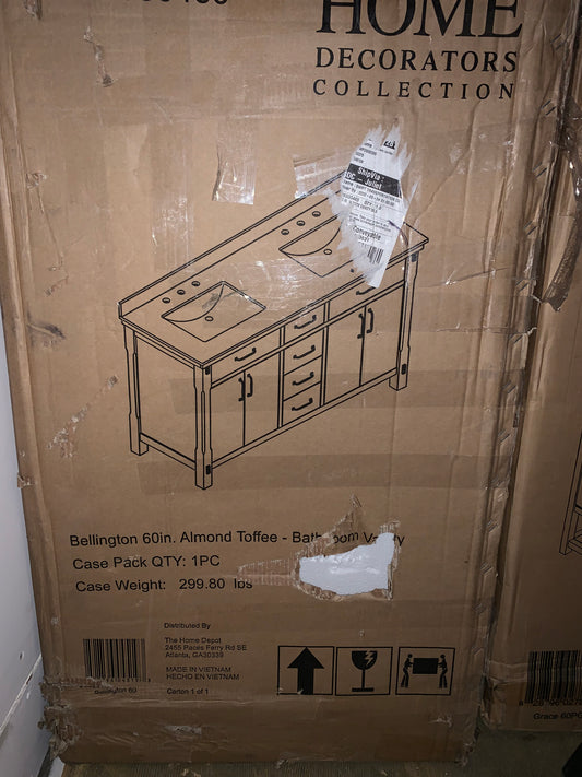 Bellington 60 in. W Bath Vanity in Almond Toffee with Engineered Stone Vanity Top in White with White Basins