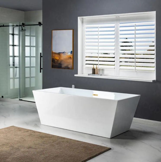 Domme 67 in. Acrylic FlatBottom Rectange Bathtub with Brushed Gold Overflow and Drain Included in White