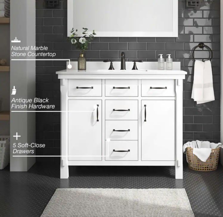 Bellington 42 in. W Bath Vanity in White with Engineered Stone Vanity Top in White with White Basin