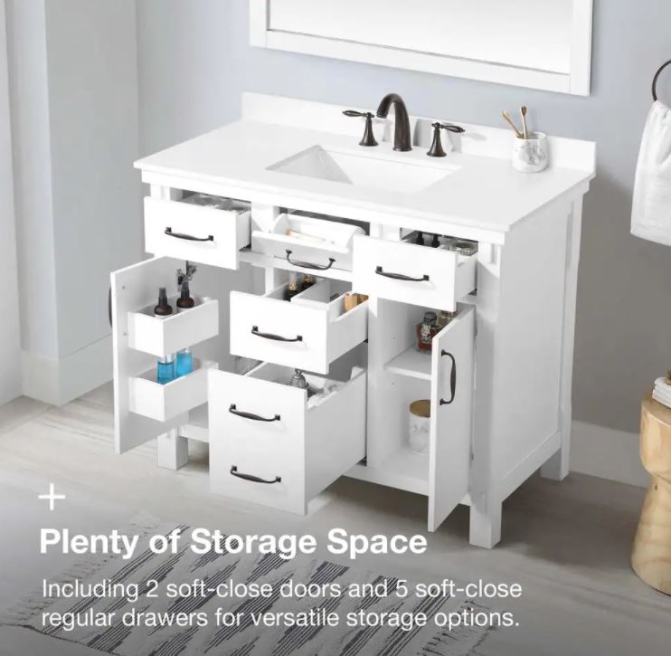 Bellington 42 in. W Bath Vanity in White with Engineered Stone Vanity Top in White with White Basin
