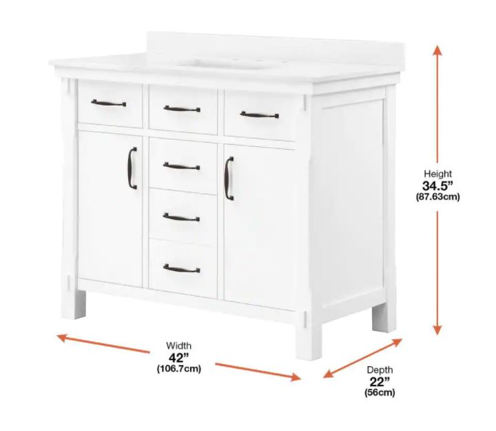 Bellington 42 in. W Bath Vanity in White with Engineered Stone Vanity Top in White with White Basin