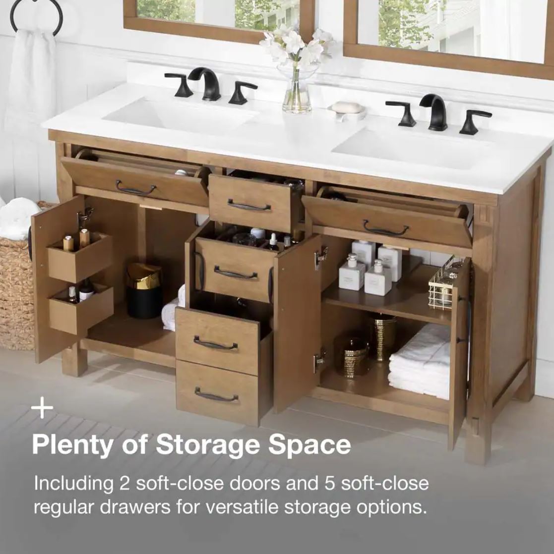 Bellington 60 in. W Bath Vanity in Almond Toffee with Engineered Stone Vanity Top in White with White Basins