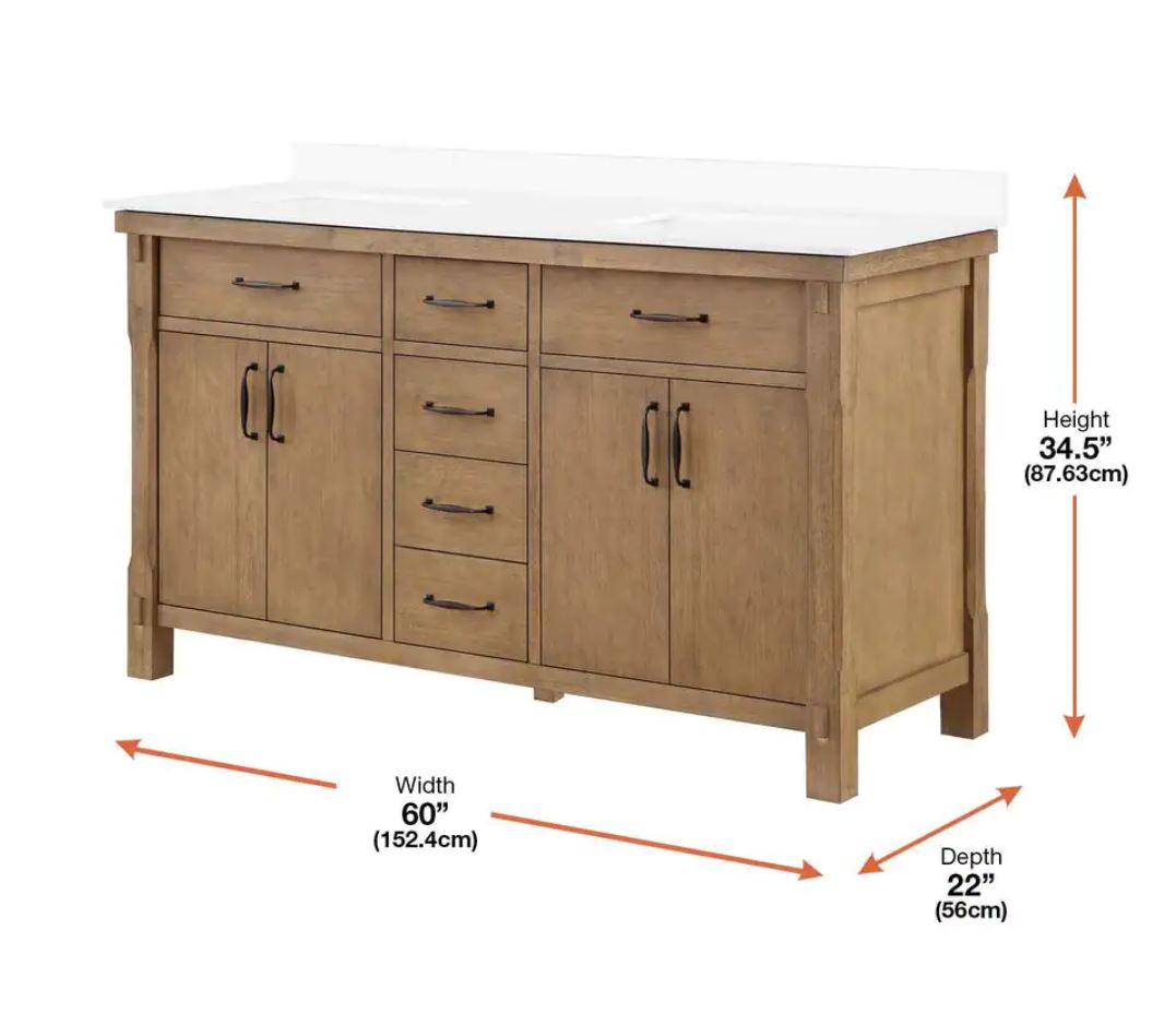 Bellington 60 in. W Bath Vanity in Almond Toffee with Engineered Stone Vanity Top in White with White Basins