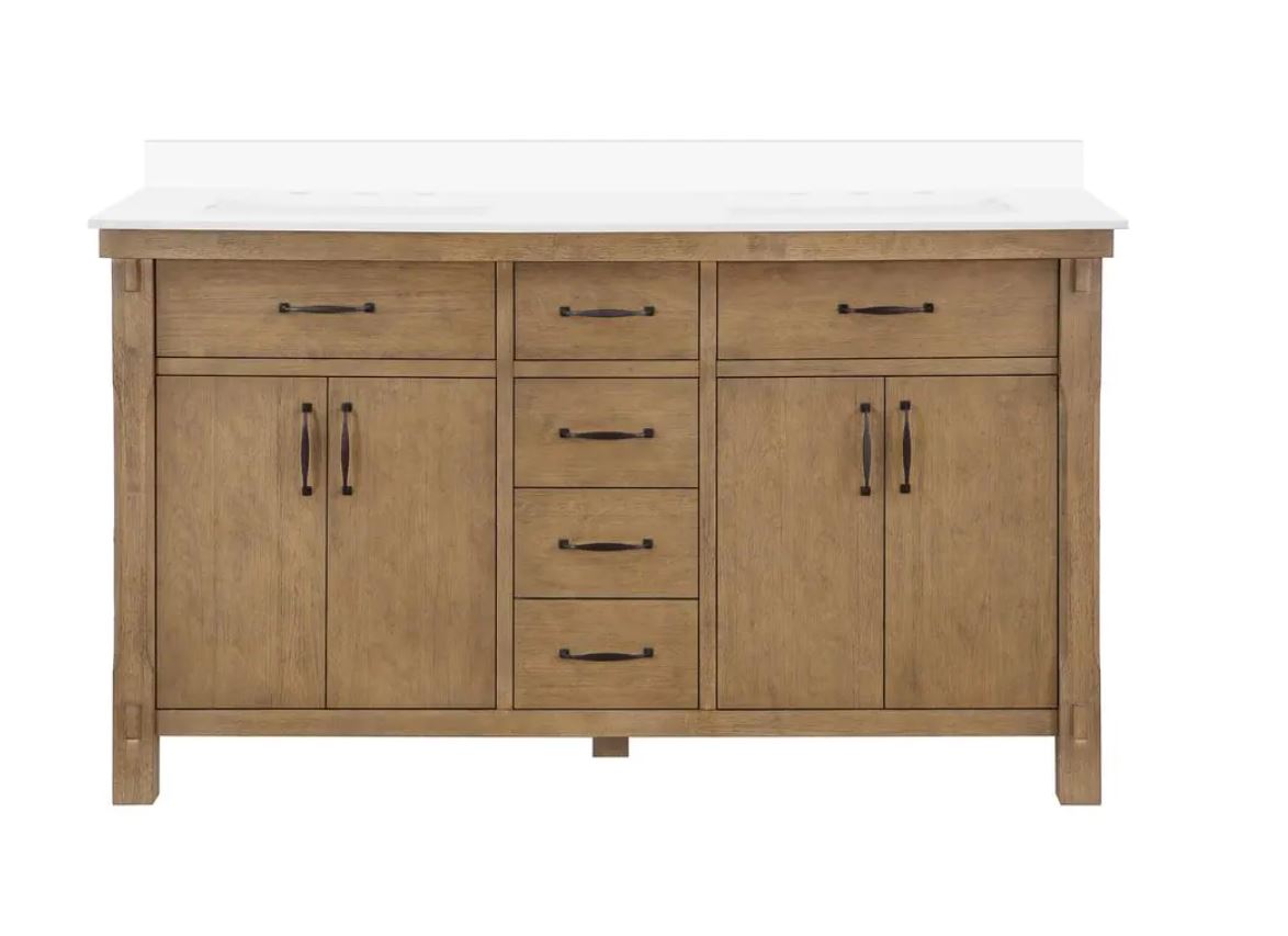 Bellington 60 in. W Bath Vanity in Almond Toffee with Engineered Stone Vanity Top in White with White Basins