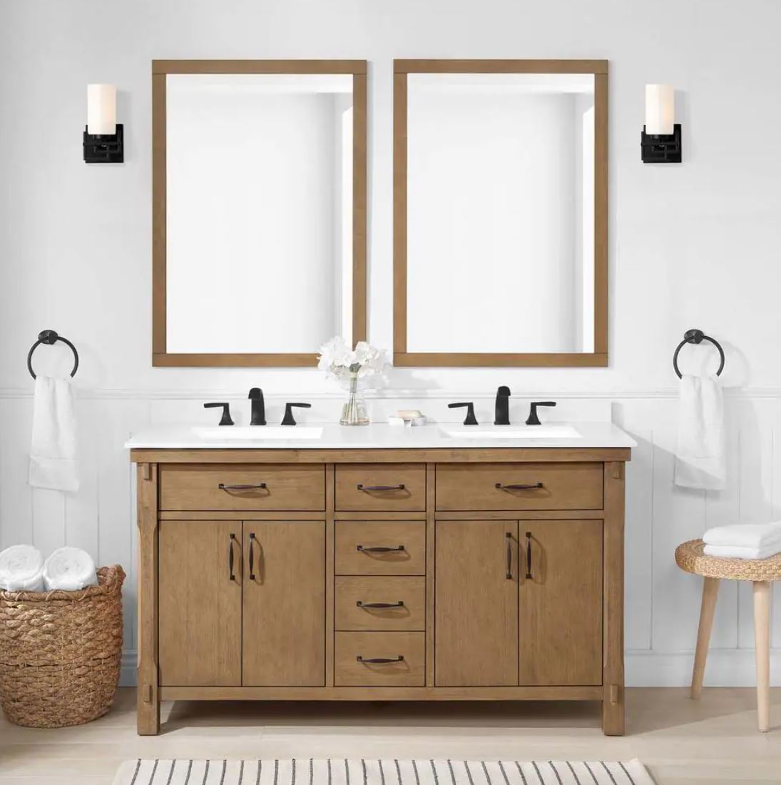 Bellington 60 in. W Bath Vanity in Almond Toffee with Engineered Stone Vanity Top in White with White Basins