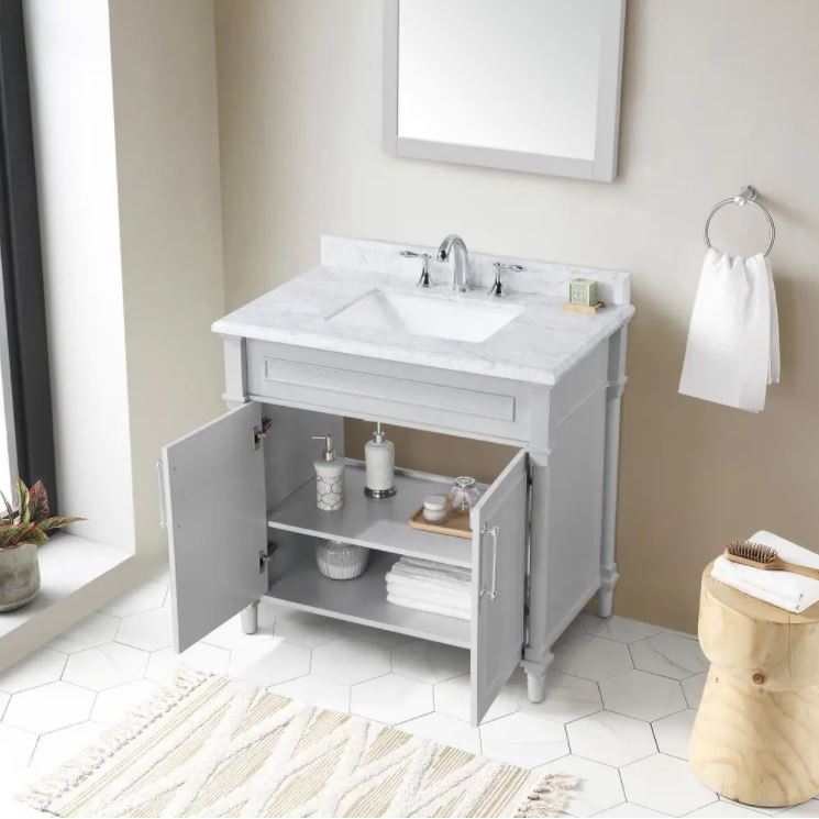 Aberdeen 36 in. W x 22 in. D Single Bath Vanity in Dove Grey with Carrara Marble Top with White Sink