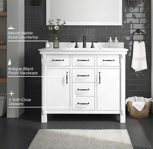 Bellington 42 in. W Bath Vanity in White with Engineered Stone Vanity Top in White with White Basin