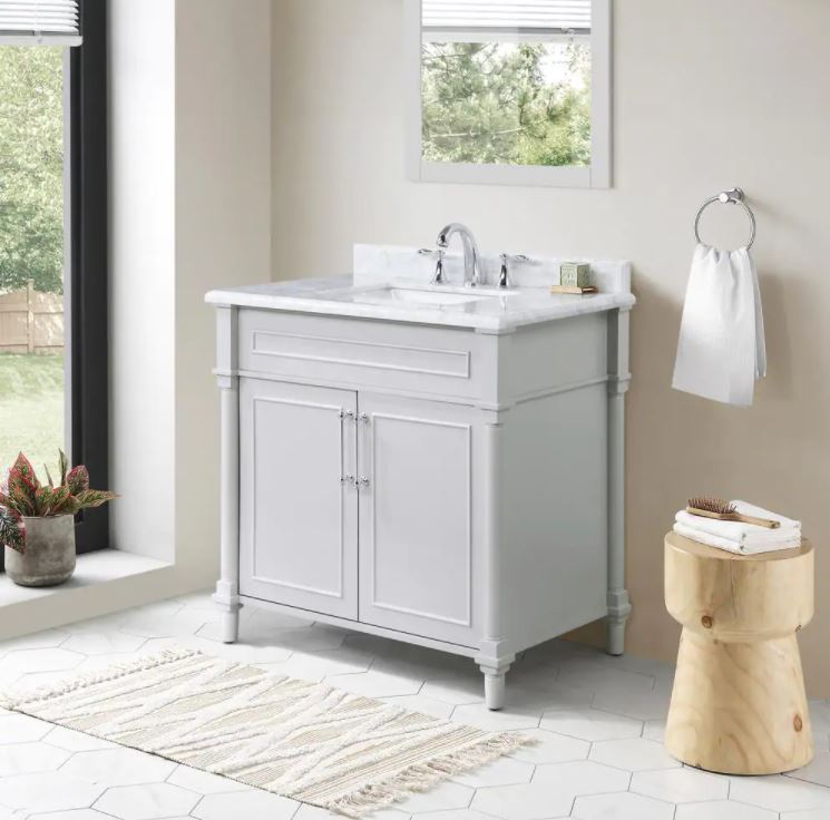 Aberdeen 36 in. W x 22 in. D Single Bath Vanity in Dove Grey with Carrara Marble Top with White Sink