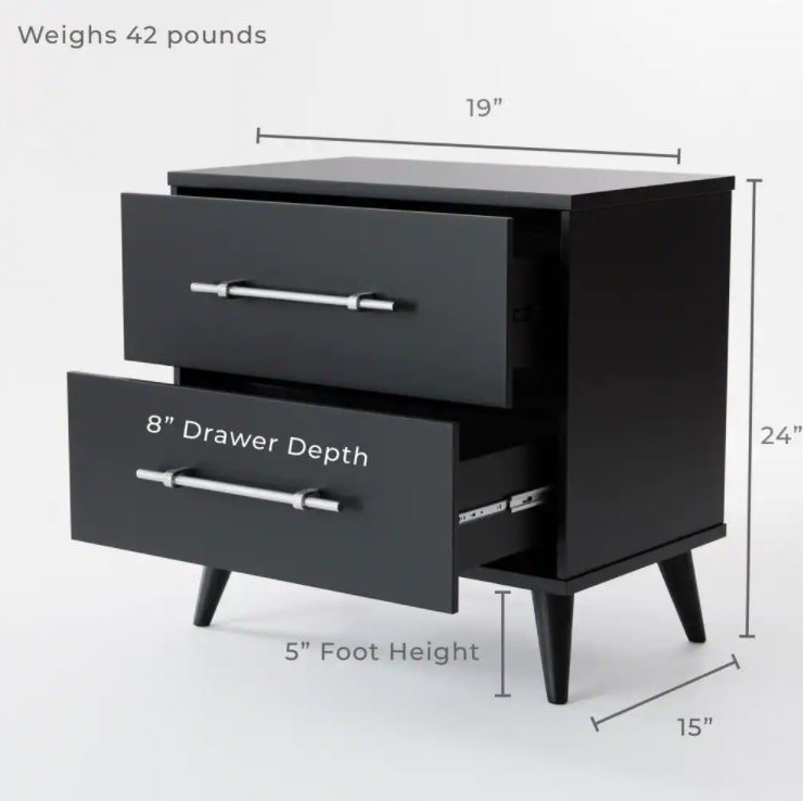 Emery 2-Drawer Black Nightstand